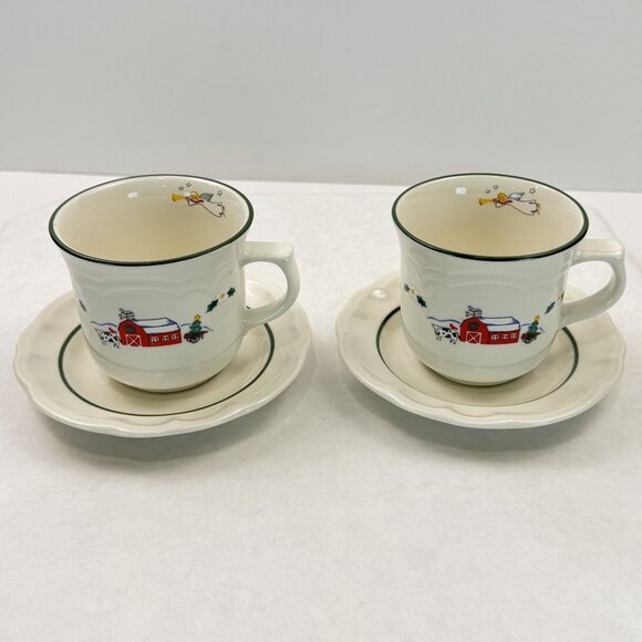 Vtg Set of 2 Pfaltzgraff Snow Village Christmas Farmhouse Coffee Mug Saucer Set - Picture 1 of 16